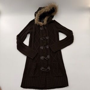 Wet Seal Y2K Vintage Brown Cable Knit Long Sweater Cardigan Faux Fur Hood Small